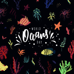 Fototapeta na wymiar World Oceans day hand lettering text. Typography for logo, badge, icon, card, invitation and banner template. Greeting card for Ocean day celebration. Vector illustration.