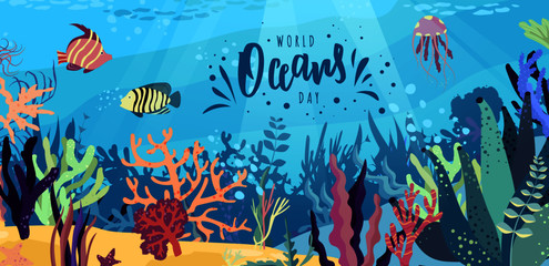 World Oceans day hand lettering text. Typography for logo, badge, icon, card, invitation and banner template. Greeting card for Ocean day celebration. Vector illustration.