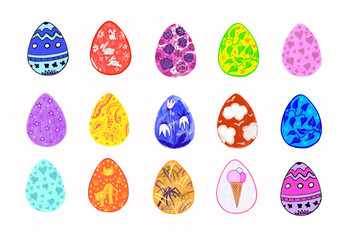 Bright and beautiful Easter eggs with doodle. Hand drawn isolated eggs set for festive spring design.
