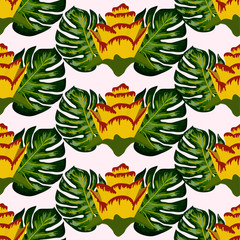 Summer seamless tropical pattern with bright yellow and pink plants and leaves. Beautiful print with hand drawn exotic plants. Seamless exotic pattern with tropical plants.