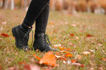 Women's black leather shoes stand on the ground covered with yellow autumn leaves. Lace up ankle boots for fall season.