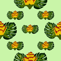 Summer seamless tropical pattern with bright yellow and pink plants and leaves. Beautiful print with hand drawn exotic plants. Seamless exotic pattern with tropical plants.