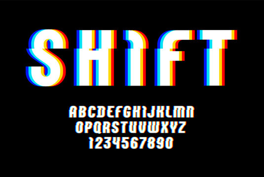 Alphabet of distorted glitch effect. Shifted modern white font, latin letters from A to Z and numbers from 0 to 9 with effect sliced.