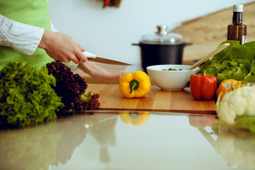 Unknown human hands cooking in kitchen. Woman slicing yellow bell pepper. Healthy meal, and vegetarian food concept