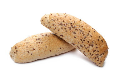 Bread with sesame and flax seeds, burger buns isolated on white background