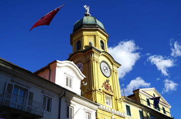 The city clock tower on sunlit in the Croatian town of Rijeka, the European Capital of culture 2020