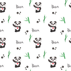 Watercolor seamless background with cute panda cartoon.
