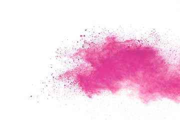 Pink powder explosion on white background. Paint Holi.