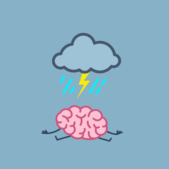 Depressed mind. Vector concept illustration of sad brain with symbol of thunder cloud with lighting and raining above | flat design linear infographic icon on blue background