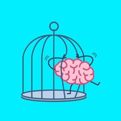 Brain trying open the grids to escape from cage. Vector concept illustration of free mind escaping out of the prison | flat design linear infographic icon on blue background - 323058729