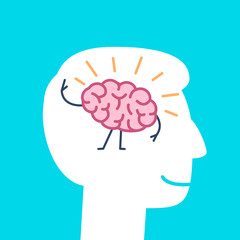Happy brain inside happy head. Vector concept illustration of happiness and self confidence in mind | flat design linear infographic icon on blue background