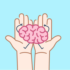 Carefully holding brain in two hands. Vector concept illustration of taking care about brain | flat design linear infographic icon on v blue background