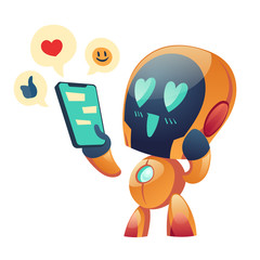 Robot or chatbot with smartphone in hand communicate in networks having love conversation online. Ai dating website technology, artificial intelligence digital innovation. Cartoon vector illustration