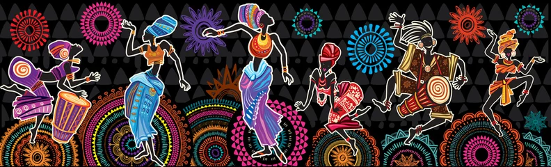 Foto op Canvas Dansende mensen op etnische achtergrond met Afrikaanse motieven © Viktoriia Protsak