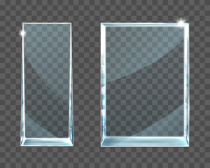 Acrylic glass rectangle trophy set isolated on transparent background. Award parallelepiped plexiglass crystal glossy prize for victory in business, sport competition. Realistic 3d vector illustration