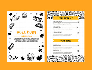 Poke bowl restaurant menu design. Colorful grunge cafe template, healthy hawaiian nutrition, fish banner