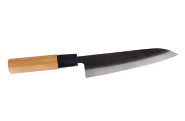 Typical small japanese chef knife with wooden handle. Isolated on white background without shadow. With clipping path. Japanese household knife with double-edged blade on white bg. With vector path.