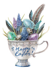 watercolor illustration - easter composition in vintage style from eggs, feathers and muscari flowers