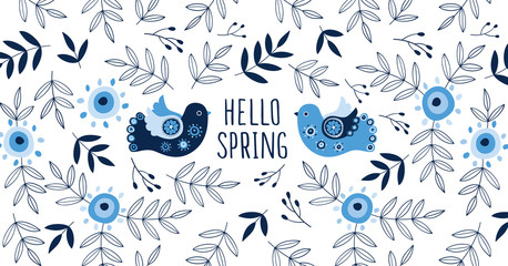 Hello spring. Background with cute flowers, leavers and birds. Floral elements for your design. Vector.