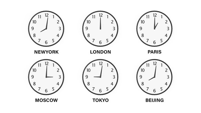 3d rendering. classical World time zone clocks on white  background.