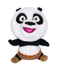 Panda plush toy isolated on white background without shadow. Cute childish teddy bear toy on white bg. Giant panda stuffed toy. Funny smiling black and white bear toy.