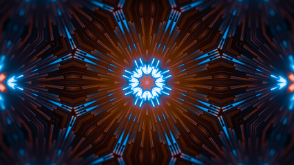 Abstract creative kaleidoscope background. Luminous neon glowing rays. Pattern diversity, beautiful fireworks, colorful explosion, big bang. Modern bright illumination. 3d rendering