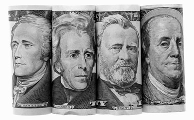 Three Presidents and Ben Franklin on US Banknotes Paper Money, side by side, federal reserve notes,...