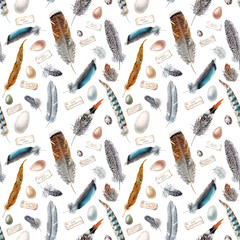 watercolor illustration - seamless pattern of poultry feathers, eggs and signatures - easter decoration