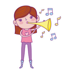 little musician girl playing music with trumpet cartoon