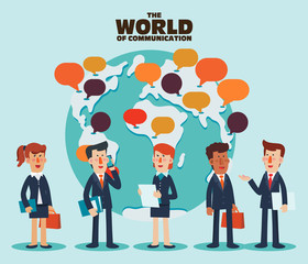 Young businessmen and business women talking and discussing. Business people with world map. Communication and teamwork concept