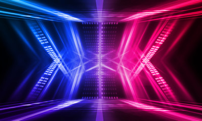 Empty stage, blue and pink, purple  neon, abstract background. Rays of searchlights, light, abstract tunnel, corridor.