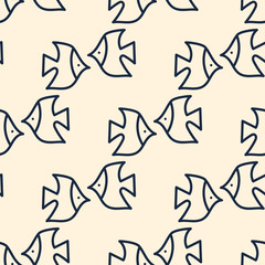 Obraz premium Seamless background with hand-drawn outlines and fish, Doodle style. Vector illustration. Can be used as fabric, wrapping paper, background, Wallpaper, bag template, cover and other surfaces.