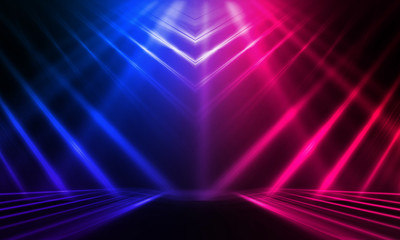 Empty stage, blue and pink, purple  neon, abstract background. Rays of searchlights, light, abstract tunnel, corridor.