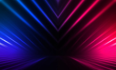 Empty stage, blue and pink, purple  neon, abstract background. Rays of searchlights, light, abstract tunnel, corridor.