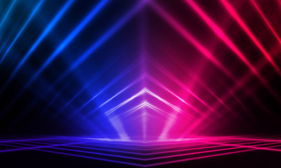 Empty stage, blue and pink, purple  neon, abstract background. Rays of searchlights, light,...