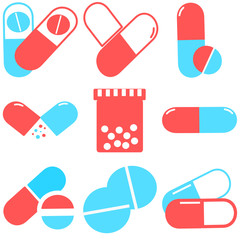 Medical pills icons set. Medicine, pharmacy, hospital set of drugs. Medication, pharmaceutics concept. Vector illustration. Drugs flat icons: pills, capsules. healthcare medicine icon