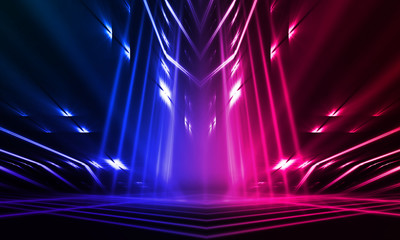 Empty stage, blue and pink, purple  neon, abstract background. Rays of searchlights, light, abstract tunnel, corridor.