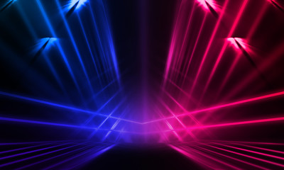 Empty stage, blue and pink, purple  neon, abstract background. Rays of searchlights, light, abstract tunnel, corridor.