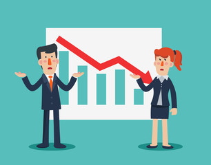 Sad business people with arrow graph down. Marketing presentations  and business strategy vector illustration. Businessman at work concept design