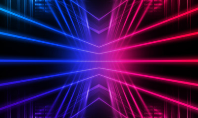 Empty stage, blue and pink, purple  neon, abstract background. Rays of searchlights, light, abstract tunnel, corridor.