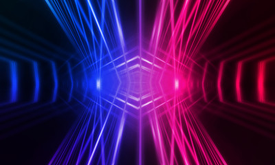 Empty stage, blue and pink, purple  neon, abstract background. Rays of searchlights, light, abstract tunnel, corridor.