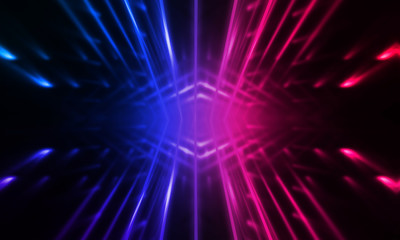 Empty stage, blue and pink, purple  neon, abstract background. Rays of searchlights, light, abstract tunnel, corridor.