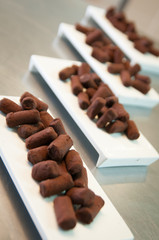 Dark chocolate pralines on a white rectangular dish Isolated close up