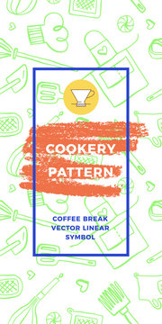 Coffee shop seamless pattern. Cafeteria banner design and coffee tag label with set of line icons. Cookery emblem, bakery background, organic coffee logo, take away coffee, 100% arabica badge.