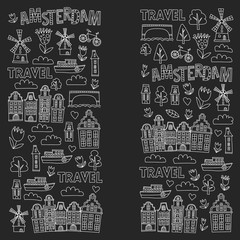 Vector pattern with Holland, Netherlands, Amsterdam icons. Doodle style.