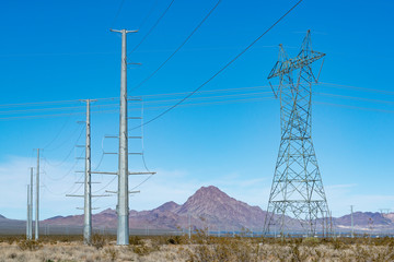 USA, Nevada, Clark County, Eldorado Valley, Boulder City. Intersecting Power Transmission Lines in...