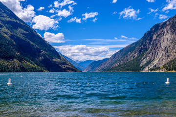 Obraz premium Mountain landscape with blue Seton Lake in Coastal Mountains. Lillooet, British Columbia, Canada.