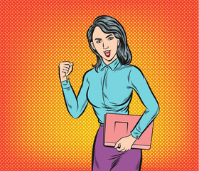 Business women holding documents and showing fist. pop art retro vector illustration