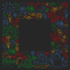 Vector set of beach icons for summer posters, banners. Sea, ocean vacations. Kids drawing style.