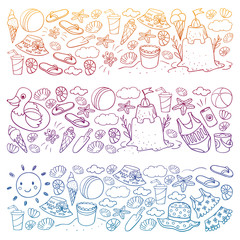 Vector set of beach icons for summer posters, banners. Sea, ocean vacations. Kids drawing style.